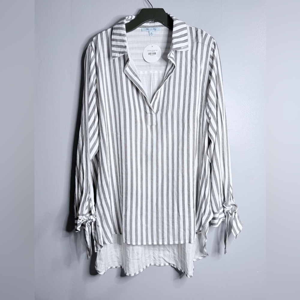#5) NWT She & Sky Gray and white striped shirt with high low